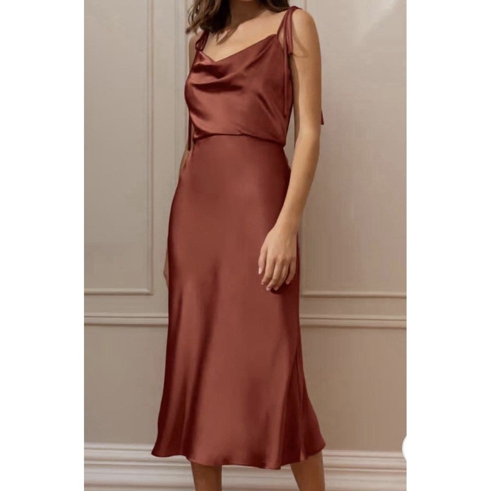 Jenny Yoo Collection Kat Red Rust Satin Cowl Neck Midi Dress Sz 8 Wedding Guest